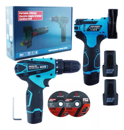 KIT MINI ESMERIL AMOLADORA + TALADRO INALAMBRICO 2 BATERIA