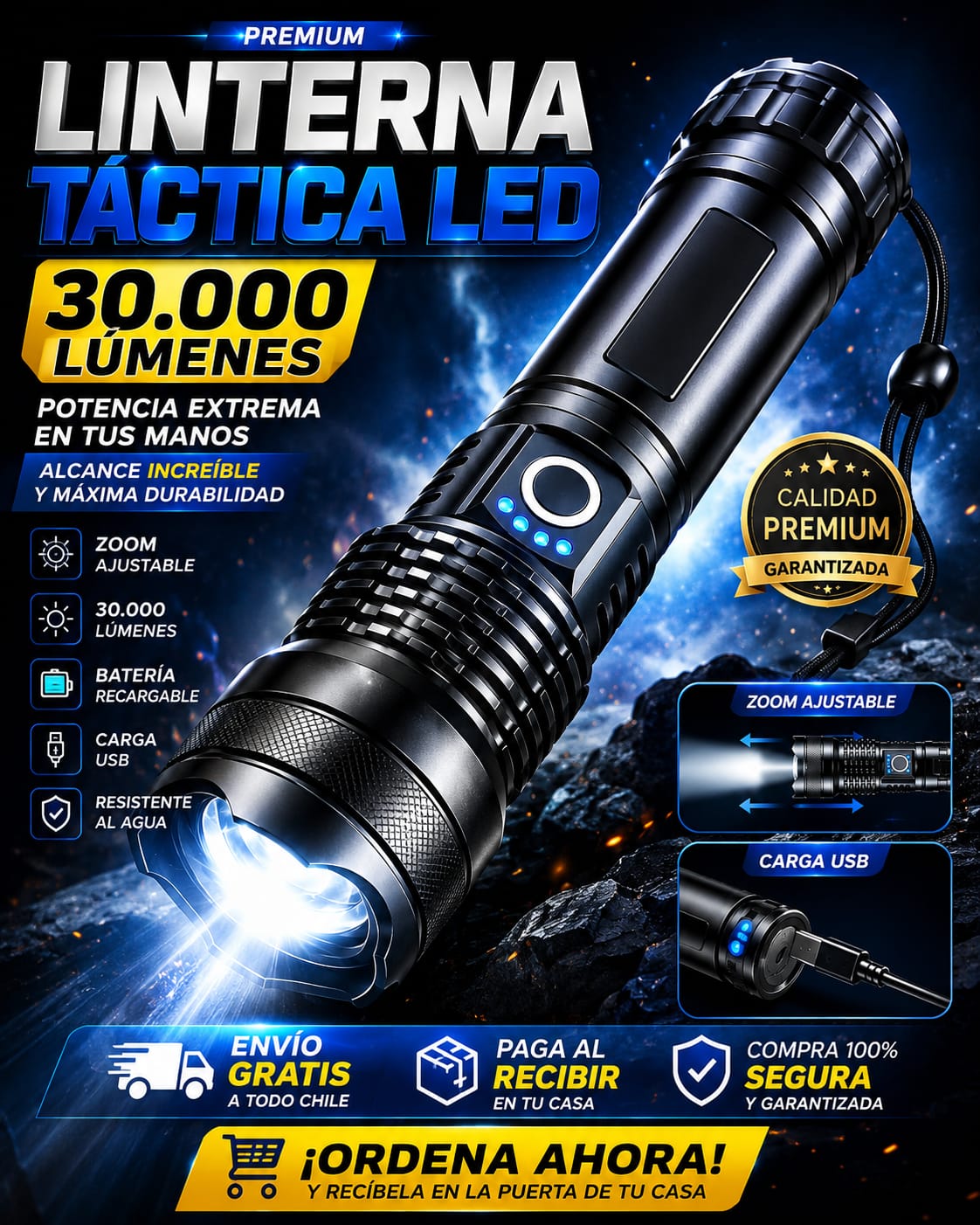 Linterna Led Alta Potencia Metalica Recargable 30.000 LUMENES