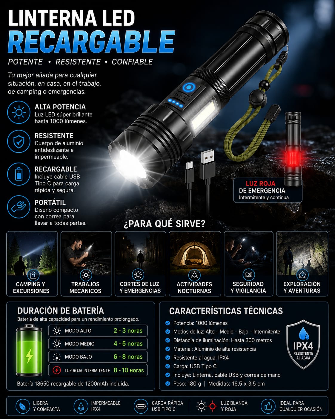 Linterna Led Alta Potencia Metalica Recargable 30.000 LUMENES